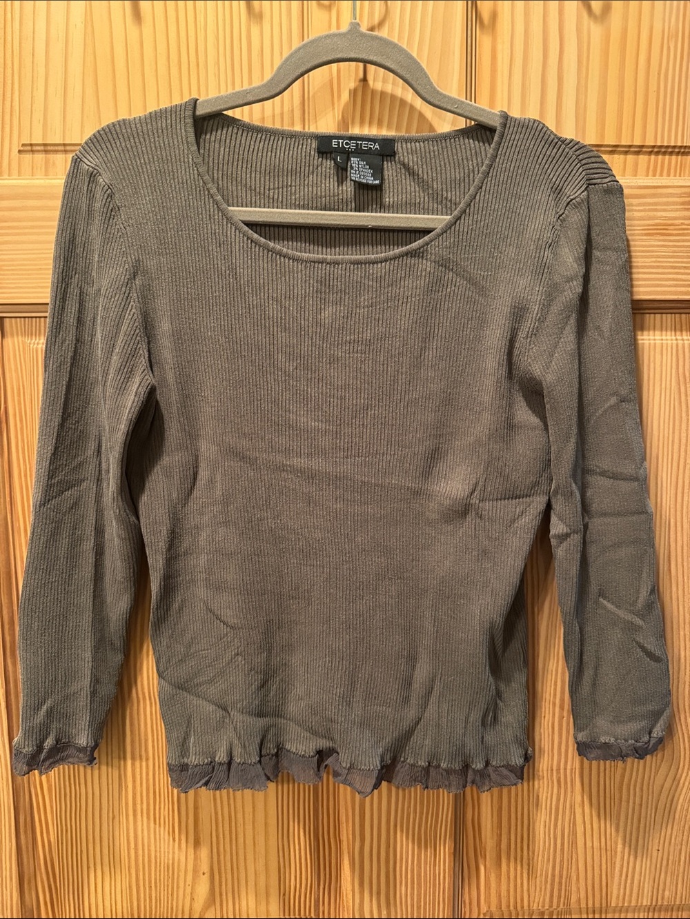 Etcetera Olive Ribbed Scoop-Neck Long Sleeve Top with Ruffle Hem